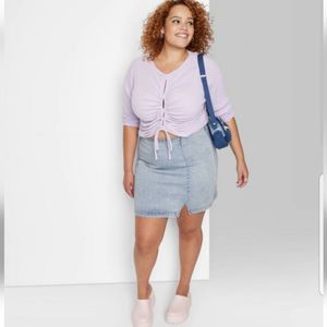 Womens Light Wash Denim Stretch Mini Skirt W/Front Notch & Seam NWT Plus Sz. 16